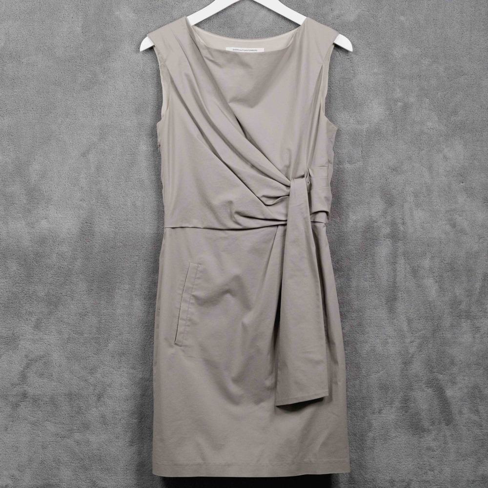 DIANE VON FURSTENBERG‎ Draped Faux Wrap Pencil Dress Taupe Gray Sz 6